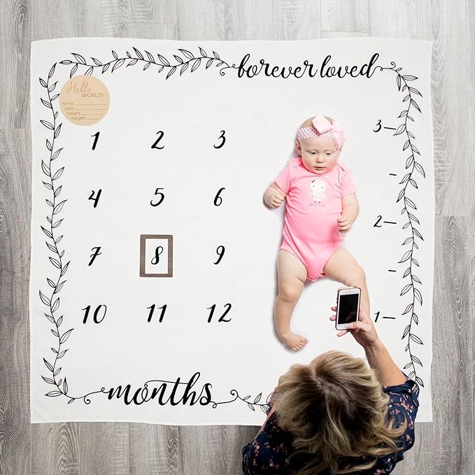 Pondering Pine Organic Baby Monthly Milestone Blanket Boy or Girl - Months Blanket with Wood Frame and Newborn Announcement Disc - Growth Chart for 1-12 Month Milestones, Gender Neutral, 47”x47”