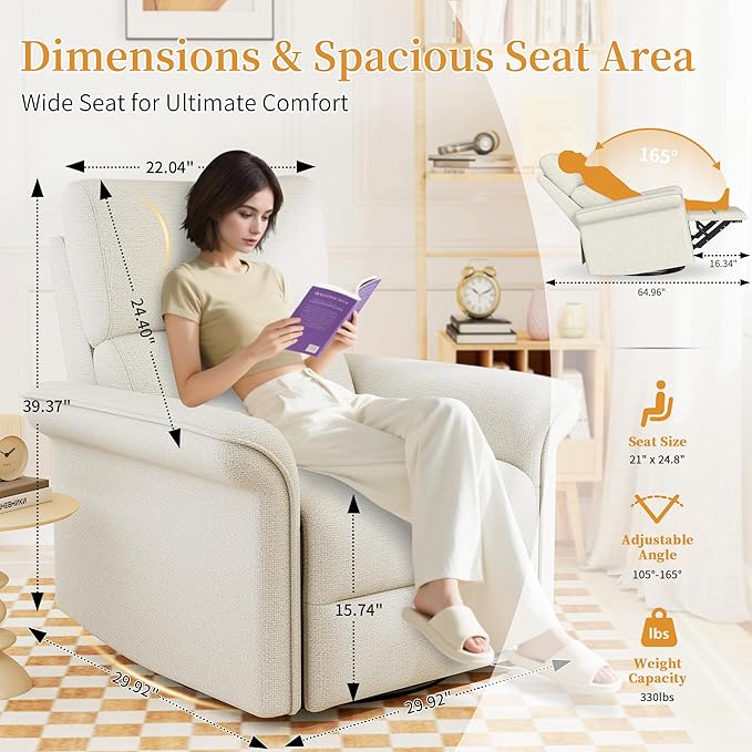 Power Swivel Rocker Recliner Chair for Nursery, Upholstered Snowflake Velvet 270°Swivel Glider Rocker Chair with USB Ports, Small Power Recliners for Small Spaces Living Room