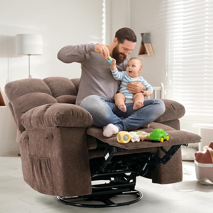Swivel Recliner Chair, Upholstered Fabric Comfy Rocking Chair, Sturdy Q235 Steel Frame Nursery Glider, 300 LBS Capacity, for Small Spaces, Living Room, Bedroom, Brown
