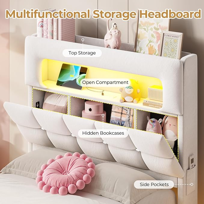 MSmask Twin Upholstered LED Bed Frame with 2-Tier Storage Bookcase Headboard, Velvet Princess Bed with Crystal Button Tufted Headboard & Charging Station, Girls Platform Bed, Curved Legs, White