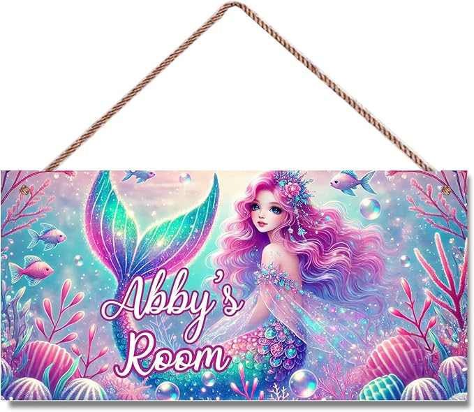 Personalized Mermaid Signs for Girls Room Bedroom Door Hanging Wooden Signs Custom Baby Name Ocean Door Hanger Baby Nursery Room Customized Kids Room Décor