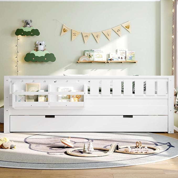 Bellemave Full Bed with Trundle and Stairs, Full Size Platform Bed Frame with Fence and Bookshelf, Easy Assemble Beds for Kids, Girls, Boys, White