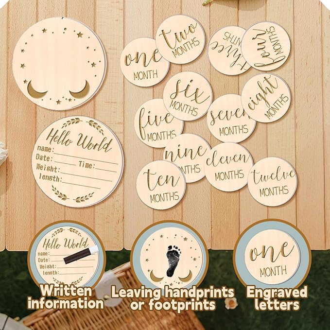 12PCS Baby Announcement Sign and Monthly Baby Milestone Set,Wooden Babys Monthly Milestone Classic Cursive Script, Hello World Newborn Sign with Ink Pad for Babys Photo Props