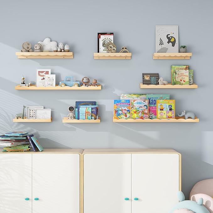 Fun Memories Picture Ledge Shelf for Wall, 16 inch Pine Wood Nursery Book Shelves Set of 4- Wall Book Shelves for Kids Room, Home Decor - Kitchen Spice-Natural