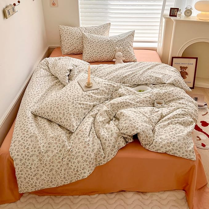 HighBuy Boho Floral Duvet Cover Twin XL White Cotton Coquette Comforter Quilt Duvet Covers with Pink Floral,Garden Floral Bedding Set Twin XL Lightweight Soft Cottagecore Duvet Cover Sets Cute