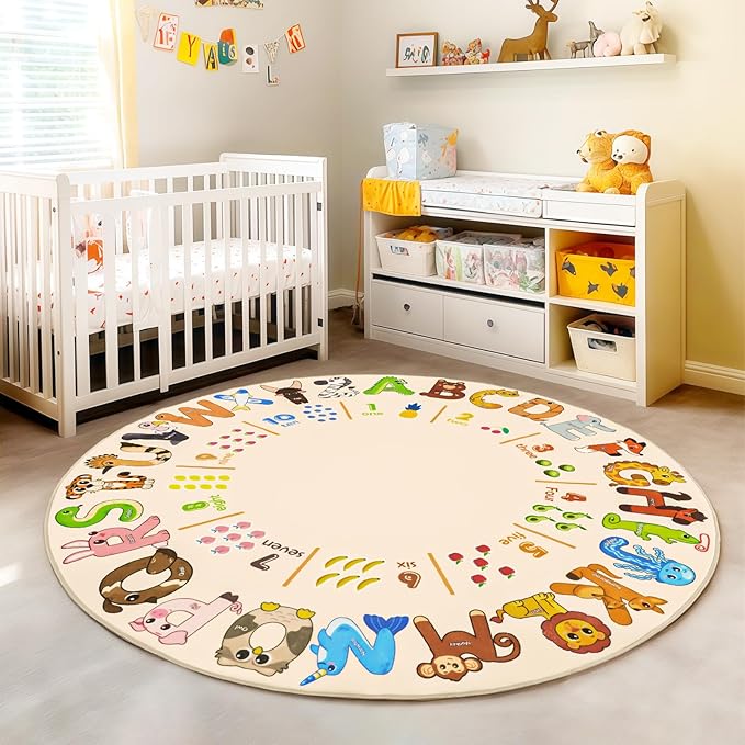 Kids Rugs for Playroom, 5'x5' Round Educational Rug for Learn The ABC Alphabet, Soft Machine Washable Non-Slip Cute Animal Carpet for Classroom Toddler Nursery Kids Room Decor Mat, Beige