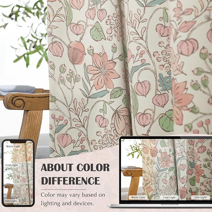 jinchan Nursery Curtains 95% Blackout Pink Floral Curtains for Girls Room, 63 Inch Length Farmhouse Drapes for Bedroom Living Room Darkening Window Treatment Grommet Top Set of 2 Panels