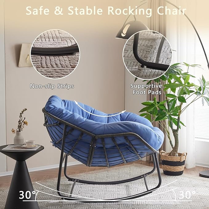Oversized Outdoor Papasan Rocking Chair with Soft Cushion, Comfy Patio Egg Chair, Wicker Lounge Rocker for Balcony/Porch/Garden, Reinforced All Weather Rattan Frame, 330 lbs Support, Royal Blue