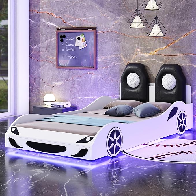 Twin Size Race Car-Shaped Platform Bed with LED and Upholstered Backrest, Solid Wood Upholstered Car Bed Frame with 2 Seats for Kids Boys Girls Bedroom (White-31U)