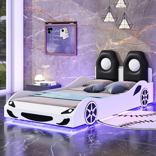 Kids Car Bed Frame Twin Size Car-Shaped Platform Bed with LED Lights and Upholstered Backrest, Solid Wood Car Bed Frame with Wheels and Guardrails for Boys Girls, White