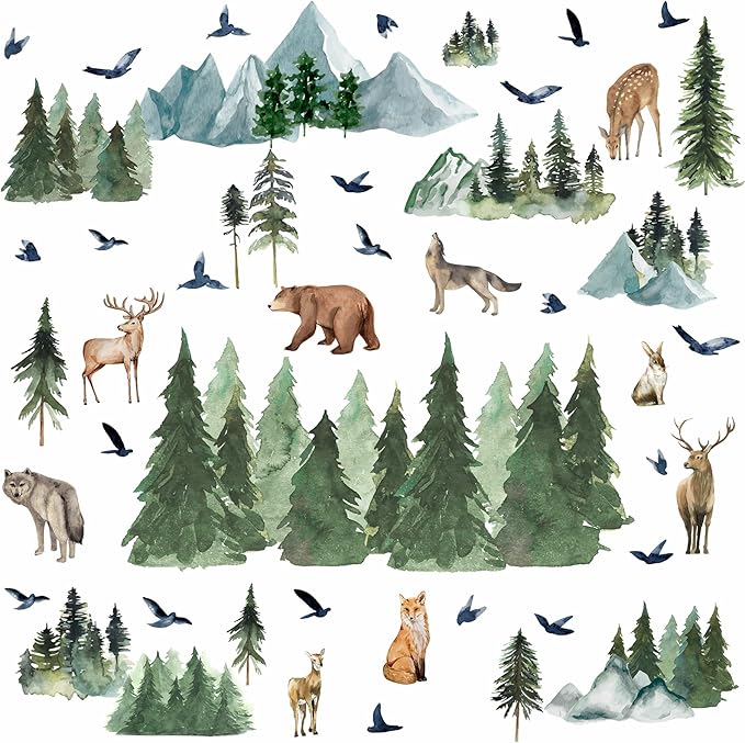 Mountain Tree Wall Decals Watercolor Pine Tree Wall Decals Large Woodland Wall Stickers Forest Flying Birds Deer Fox Bear Animal Wall Stickers for Nursery Kids Room Bedroom Decor