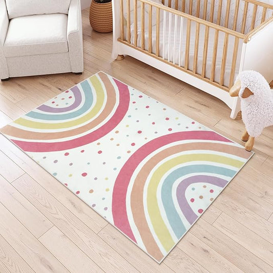 STARUIA Washable Rainbow Rug for Girls Bedroom, Colorful Rug 4x6 Area Rugs for Nursery Kid Room, Non-Slip Soft Polka Dot Carpet Kids Rugs for Classroom Playroom Tent Castle
