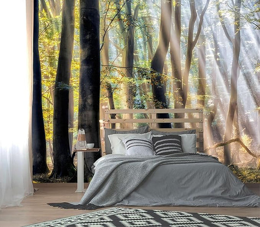 XMPMBM-Sunny Forest Woodland Fabric Wallpaper Misty Tree Living Room Bedroom Bathroom Wall Mural-W 154" X H 105"（112 Square Foot）