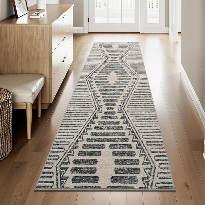 Charcoal Grey Boho 2x8 ft Runner Textured Tufted Rugs for Hallway Kitchen Bedroom Entryway Long Non Slip-Carpet Washable Neutral Modern Geometric Moroccan Aztec Rug