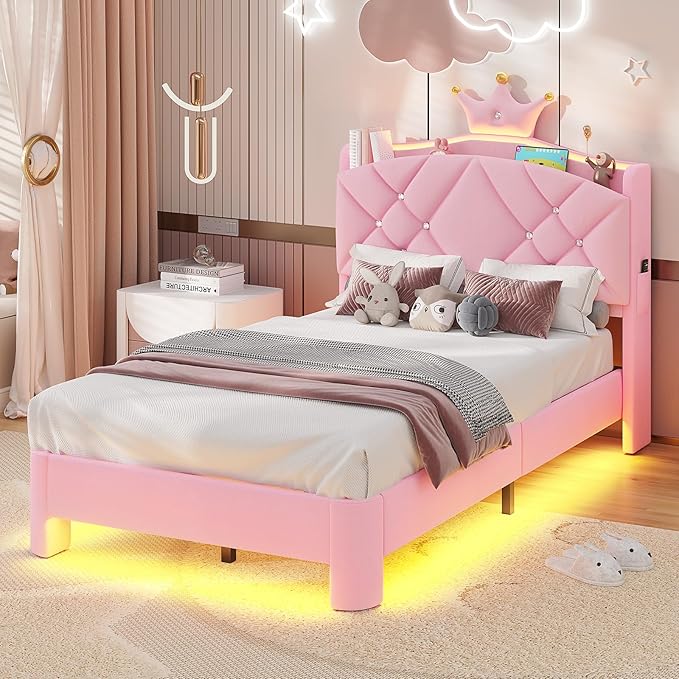 MSmask Twin Bed Frame with LED Lights, Princess Upholstered Bed with Headboard with Charging Station & Crystal Button & Crown, Velvet Platform Bed for Girls, Solid Wood Slats, Curved Legs, Pink