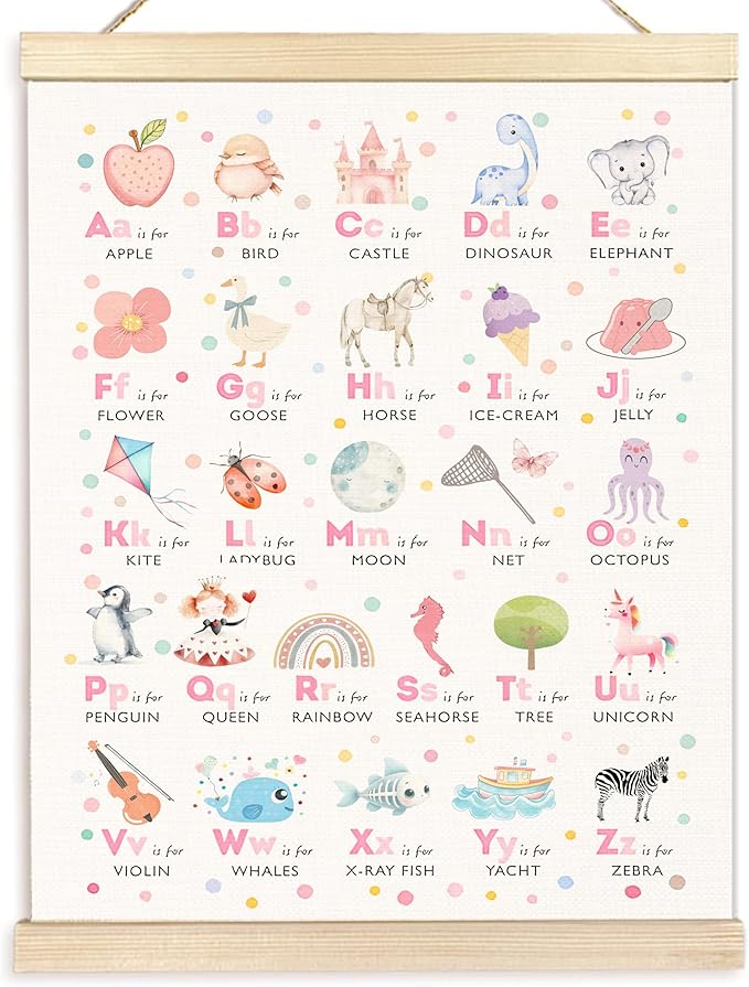 BESERH Boho Pink Alphabet Nursery Wall Art Posters, Kids Room Wall Decor, ABC Alphabet Educational Canvas Prints Artwork Framed for Toddler Girls Room Nursery Playroom Classroom, 12x16 Inch