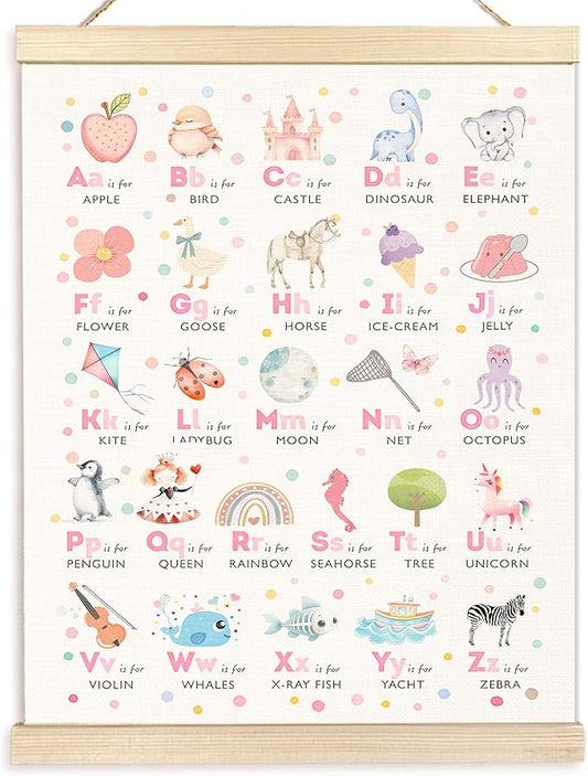 BESERH Boho Pink Alphabet Nursery Wall Art Posters, Kids Room Wall Decor, ABC Alphabet Educational Canvas Prints Artwork Framed for Toddler Girls Room Nursery Playroom Classroom, 12x16 Inch