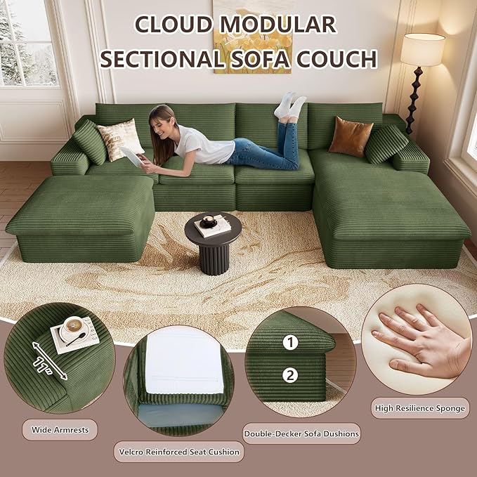 136" Cloud Modular Sectional Sofa with 1 Ottoman, Deep Seat Boneless Couch, Modern Upholstered Corduroy Couches, Comfort U Shaped Sofa for Living Room, No Assembly Required(Green,Right Facing Chaise)