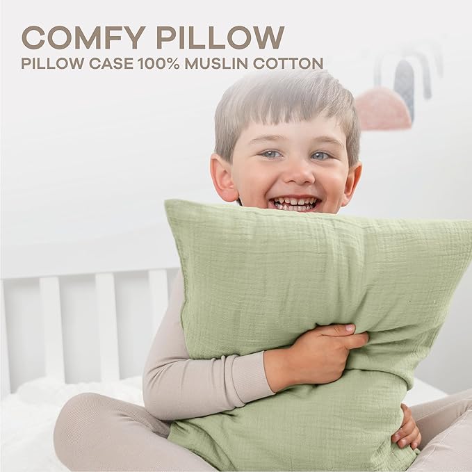 Comfy Cubs Toddler Pillow with Muslin Pillowcase, 13 x 18 in - Travel and Sleep Support for Kids - Lightweight, Breathable Microfiber Fill - Soft and Cozy Small Pillow for Toddlers - Sage