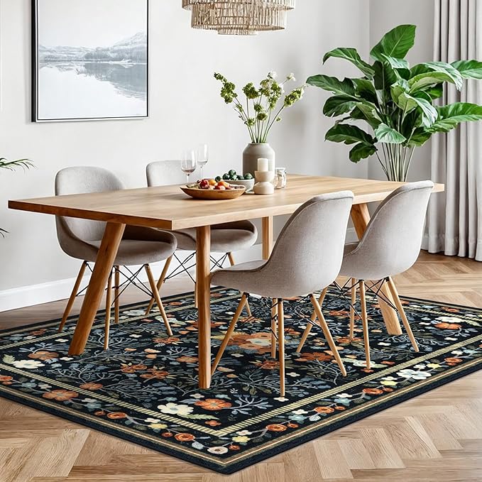 Area Rugs for Living Room 5x7, Washable Non-Slip Thin Floral Vintage Boho Rug for Bedroom Dining Room Office, Non-Slip Rug for Kitchen Indoor Lightweight Carpet, Black/Multi