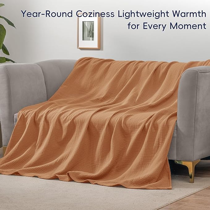 PHF 100% Cotton Muslin Blanket Twin XL Size 66"x90", 4-Layer Lightweight Gauze Throw, Breathable Cloud-Soft Minimalist Blanket for Bed, Couch, Camping & Baby, Caramel, Ideal Gift
