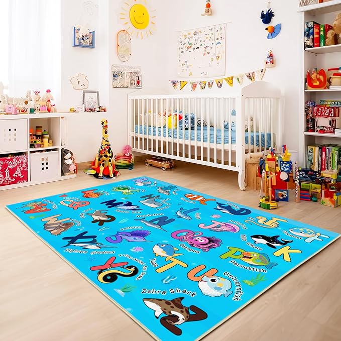 Kids Rugs for Playroom, 5x7 Feet Educational Rug for Learn The ABC Alphabet, Soft Machine Washable Non-Slip Cute Marine Organisms Carpet for Classroom Toddler Nursery Kids Room Decor, Blue