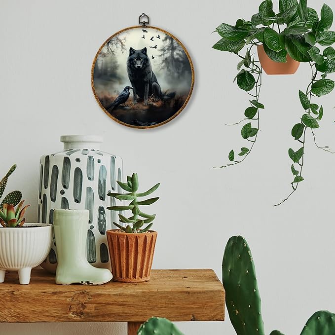 Hiuwevt Dark Academia Misty Black Wolf Raven Round Wall Art Decor, Mystical Gothic Framed Canvas Prints, Moody Wildlife Animal Round Wall Hanging Decor for Bedroom Home Decorations, 10x10 Inches