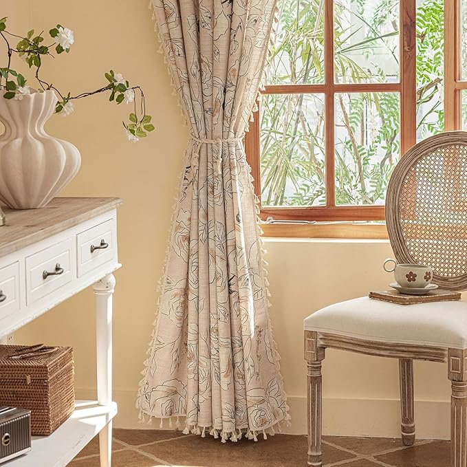 OYX Boho Floral Semi-Blackout Curtains for Bedroom, 2 Panels 52x63 Inches, Grey Rose Vintage Country Pattern with Tassels, Rod Pocket Design, Farmhouse Window Treatments
