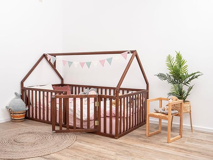 BUSY WOOD House Wooden Playpen - Montessori Floor Bed with Safe Gate - Toddler Bed - Floor Bed - Frame with Fence and Door - Toddler Bedroom Furniture - Full, Twin, Queen, King Size (Model 6)