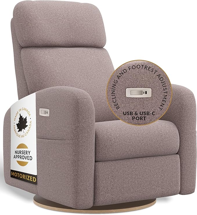 Jaymar Hailey Modern Nursery Glider Recliner Chair (Motorized) – Cozy Nursing Chair with 180° Swivel for New Parents, High Back & Low Armrests, Adjustable headrest, Canadian Made (Arlo Heatner Flax)