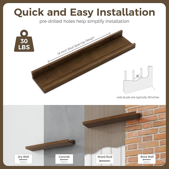 Fun Memories Picture Ledge Shelf, Pine Wood Floating Shelves Set of 2, 24 inch Nursery Book Shelves, Photo Ledge Book Shelves Wall Mounted for Living Room Kids' Room Bedroom - Walnut