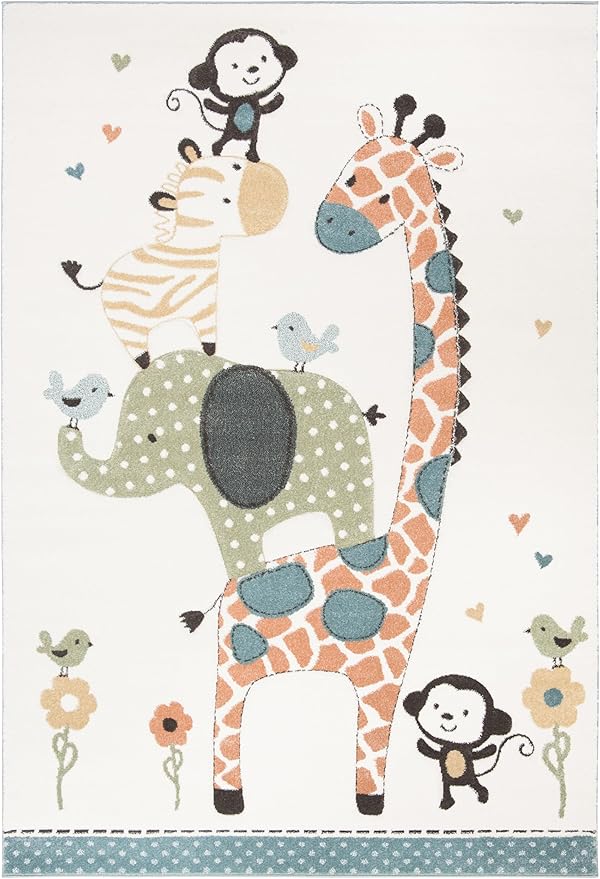 SAFAVIEH Carousel Kids Collection Area Rug - 5'3" x 7'6", Ivory, Animal Design, Non-Shedding & Easy Care, Ideal for High Traffic Areas for Boys & Girls in Playroom, Nursery, Bedroom (CRK120A)