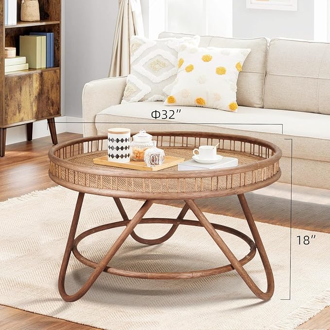 FINECASA Boho Rattan Coffee Table Round, Handwoven Modern Style Round Wicker Coffee Table for Living Room,32x18 '' Brown