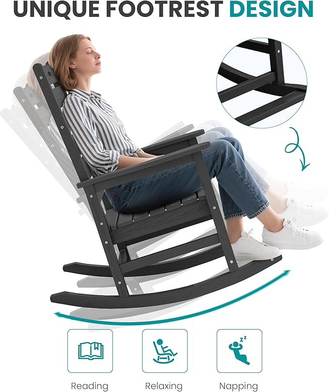 SERWALL Oversized Outdoor Rocking Chair, HDPE Patio Rocking Chair with Footboard for Adults, All Weather Porch Rocker for Deck Patio Balcony, Black