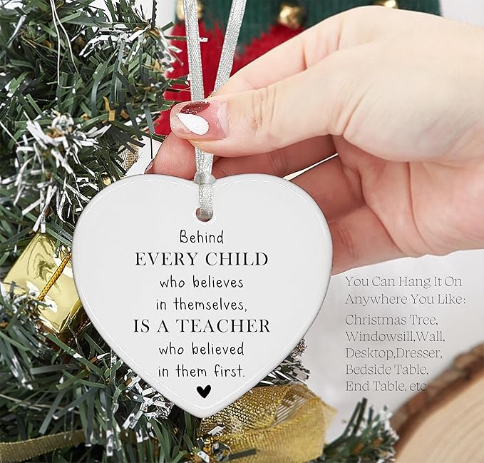 Ceramic Heart Shaped Christmas Ornament-Teacher Appreciation Gift-Thank You Present for Mentor Instructor-Teachers Week End of School Keepsake-Motivational Gratitude for Classroom Display