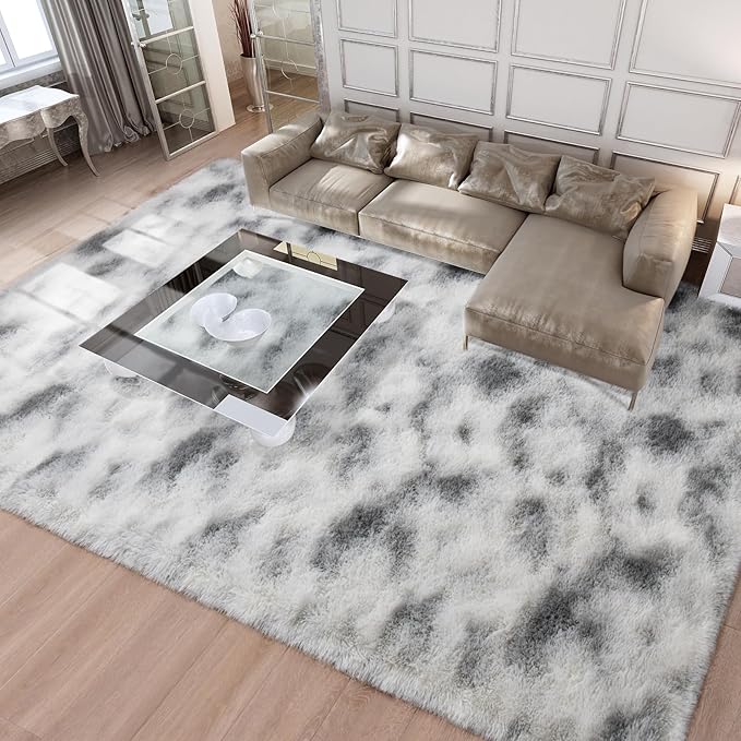 Merelax Soft Area Rugs for Livingroom Bedroom, Shaggy Plush Fuzzy Fluffy Carpet Furry Fur Rug, Modern Indoor Comfy Nursery Kids Dorm Home Decor Floor Mat, 9 x 12 ft, Tie-Dyed Grey & White