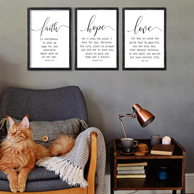 Faith Hope and Love Bible Verses Wall Decor Sign 16x11Inch Wood Framed Set of 3 Farmhouse Living Room Christian Faith Scripture Art Inspirational Religious Quote Love Wall Hanging (Black)