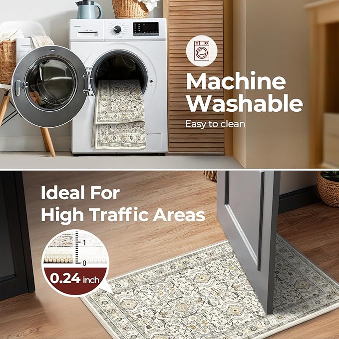 WITSHOCK Door Mat Indoor Entrance 2x3 Machine Washable Non Slip Backing Mat Soft Foldable,Vintage Rugs Mats, Throw Rugs for Front Door, Entryway Rug, Cream Color
