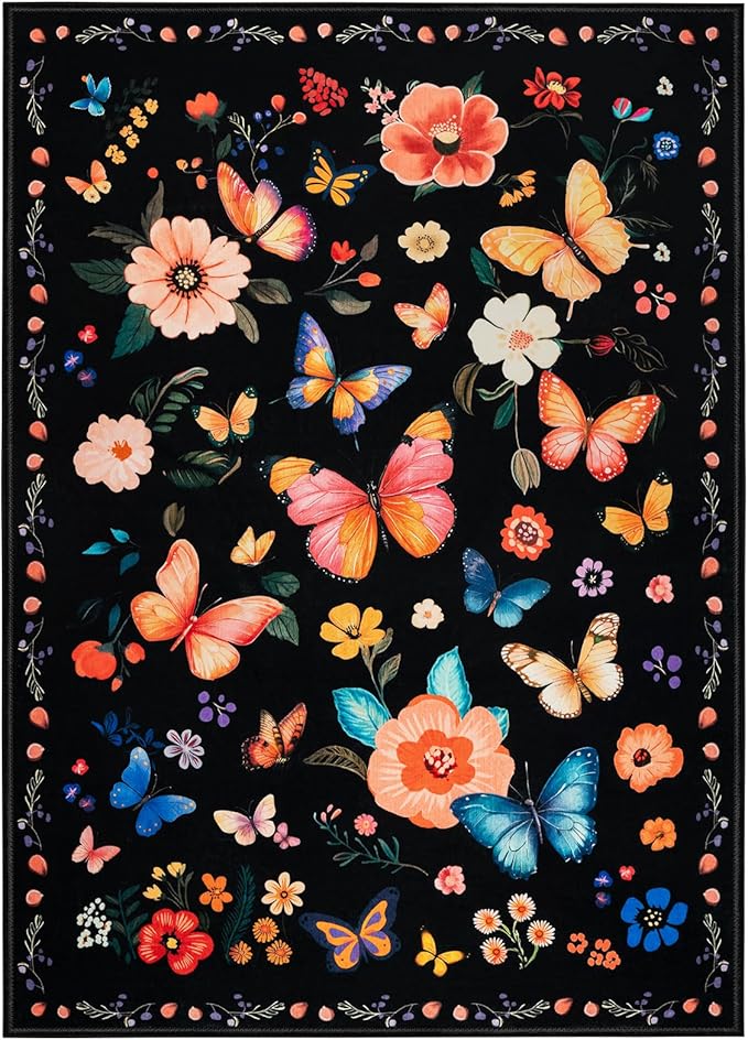 5x7 Machine Washable Area Rug, Non-Slip Vintage Floral Floor Rugs for Kids, Low Pile Room Carpet for Living Room, Bedroom, Dining Room & Nursery(5x7 Black Floral)