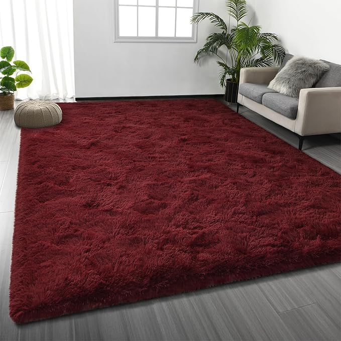 Large Shag Area Rugs 6 x 9, Plush Fuzzy Rugs for Living Room, Ultra Soft Fluffy Furry Rug for Bedroom, Indoor Carpet Nursery Rugs for Kids Room Home Decor, Burgundy