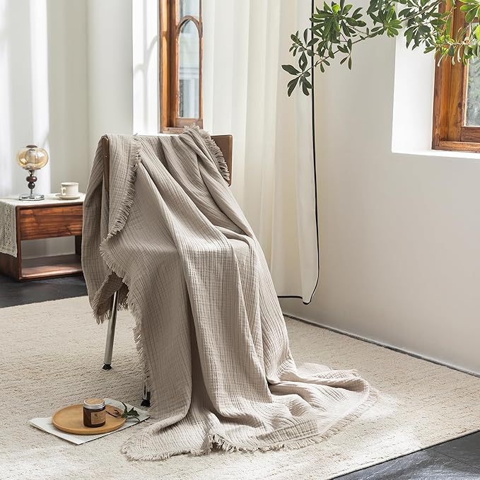FOSSA Muslin Blanket with Fringe - 4-Layer 100% Cotton Gauze Super Soft & Breathable Throw -Lightweight Decorative Cooling Blanket for Bed, Sofa, Office (Beige Gray, King (104" × 90"))