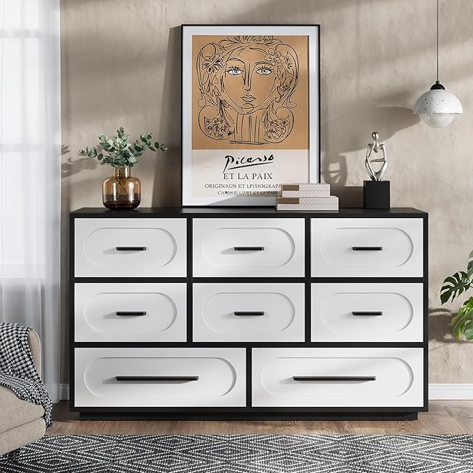 Modern 8 Drawers Dresser for Bedroom, 54" Wide Dressers & Chests of Drawers w/Solid Wood Handle, Mid Century Dresser TV Stand w/Natural Texture for Bedroom, Living Room, White