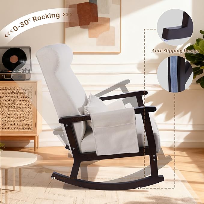 NOBLEMOOD Rocking Chair with Ottoman, Upholstered Nursing Glider Rocker with Side Pocket & Pillow, Comfy High Back Reading Chair with Solid Wood Legs for Nursery/Living Room/Bedroom
