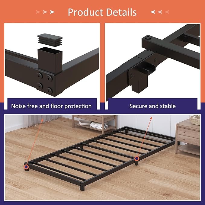 3 Inch Twin Bed Frames Low Profile, Twin Platform Bed Frame No Box Spring Needed, Heavy Duty Metal, Easy Assembly, Black