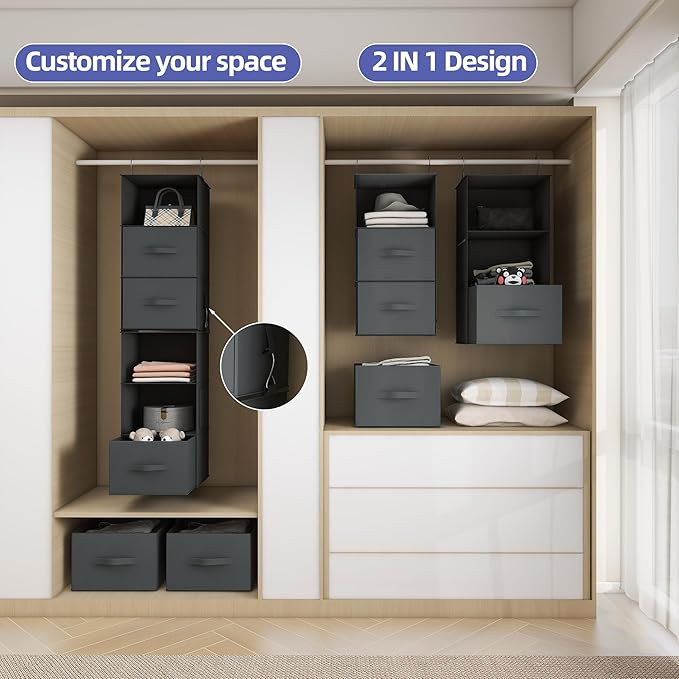 Twira 6-Shelf Hanging Closet Organizer, 2 Separable 3-Shelf Hanging Shelves, Hanging Storage with 3 Removanle Drawers 4 Side Pockets for Wardrobe, Nursery, Drom, Baby Clothes Organization Dark Grey