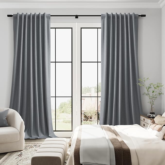 Guken Grey Linen 100% Blackout Curtains for Living Room 96 Inches Long 2 Panels Set Back Tab Textured Modern Light Blocking Privacy Curtains for Room Divider Bedroom Sliding Door Gray 52x96 8Ft