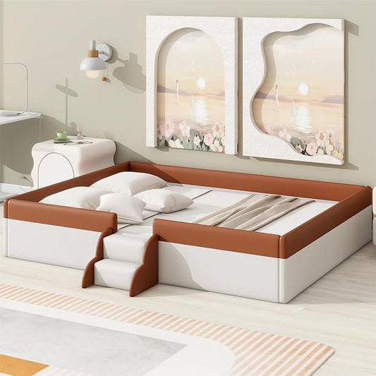 Merax Upholstered Kids' Daybed, Daybed Frame with Fence and Stairs, No Box Spring Needed, Queen Size, Brown+White