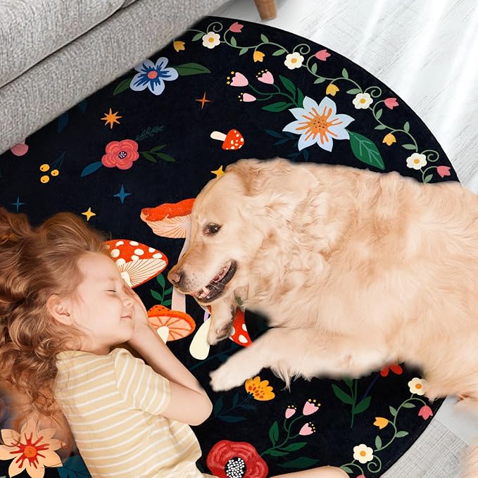 6' Machine Washable Round Area Rug, Non-Slip Vintage Floral Circle Floor Rugs for Kids, Low Pile RoomCarpet for Living Room, Bedroom, Dining Room & Nursery(6' Black Mushroom)