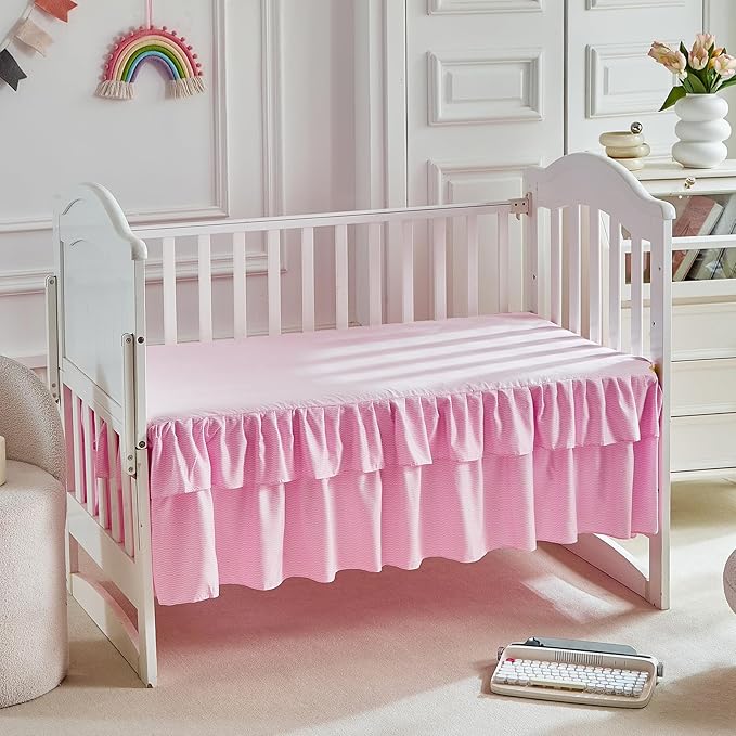 3 Pieces Flowers Crib Bedding Set Baby Ruffled Quilted Comforter with Fitted Sheet and Bed Skirt - Cute Ruffled Shabby Chic Baby Bedding Soft Blanket Gray Pink Rose Floral Design