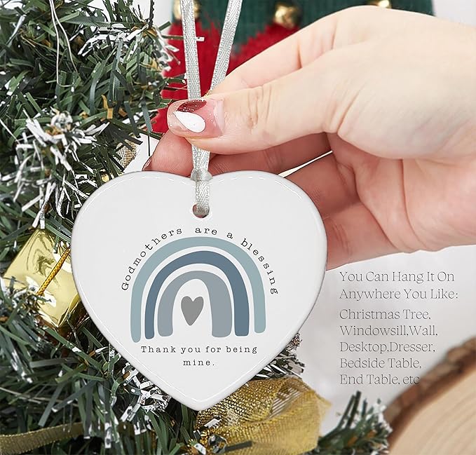 Heart Shaped Christmas Ornament-Godmother Gift for First Time Godmother-Christening Baptism Pregnancy Announcement Proposal Gift-Sentimental Keepsake Decoration for Religious Celebration